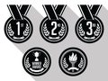 Medals with Ribbon. Flat. Set of Gold, Silver and Bronze Medals. Black and White.