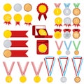 Medals set isolated on white background: golden, silver, bronze medal with red, stripped, blue, green ribbon, in red box Royalty Free Stock Photo