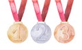 Medals watercolor set. Gold, silver and bronze medal with red ribbon. Champion award Royalty Free Stock Photo