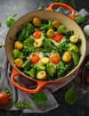 One Pan Green shakshuka with kale, broccoli, sweet peas, spinach and dill with free range eggs, perfect supper.