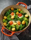 One Pan Green shakshuka with kale, broccoli, sweet peas, spinach and dill with free range eggs, perfect supper.