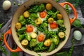 One Pan Green shakshuka with kale, broccoli, sweet peas, spinach and dill with free range eggs, perfect supper.