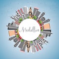 Medellin Colombia City Skyline with Gray Buildings, Blue Sky and