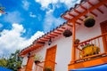 Medellin, Colombia - December 19, 2017: Below view of some colorful buildings in Pueblito Paisa in Nutibara Hill Royalty Free Stock Photo