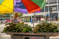 Medellin, Colombia - March 18, 2020: Informal workers selling food in the street during quarantine