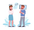 Media addiction. Man and woman with smartphone heads. People addicting of social media networks. Mental disorder