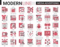 Media advertising complex flat line icon vector illustration set. Red black collection of infographic pictogram symbols Royalty Free Stock Photo