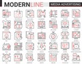 Media advertising complex line vector illustration set. Red black thin outline infographic pictogram symbols for mobile Royalty Free Stock Photo