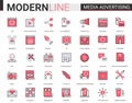 Media advertising flat icon vector illustration set of outline infographic pictogram symbols for mobile apps with Royalty Free Stock Photo