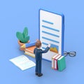 Media book library concept.3D illustration of businessman use for web banner, infographics, hero images. Flat isometric