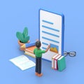Media book library concept.3D illustration of businessman use for web banner, infographics, hero images. Flat isometric