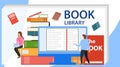 Media book library concept. Vector illustration of online library. E-book, reading an ebook to study on e-library Royalty Free Stock Photo