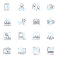 Media buying linear icons set. Impressions, Targeting, Reach, Placement, Frequency, Cost-per-click, Advertorial line