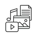 Media content sharing, icon in line design. video, image, file, music, upload, media, play on white background vector. Media Royalty Free Stock Photo