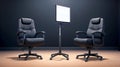 Media Conversations in Podcast or Interview Room: Two Chairs and White Screen Isolated on Dark Background. Royalty Free Stock Photo