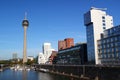 Panoramic View: Media Harbor with Rhine-Tower and famous buildings from Frank Gehry / Cityscapes of Dusseldorf / Germany