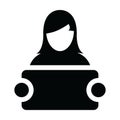 Media icon vector female person profile avatar symbol with signboard for advetising campaign in glyph pictogram Royalty Free Stock Photo