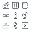 media line icons. linear set. quality vector line set such as film strip, microphone, keyboard, parabolic antenna, battery, Royalty Free Stock Photo