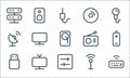 media line icons. linear set. quality vector line set such as keyboard, mixer, usb stick, antenna, television, parabolic antenna,