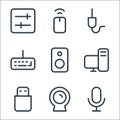 media line icons. linear set. quality vector line set such as microphone, webcam, usb stick, desktop computer, loud speaker,
