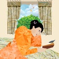 A media mix painting of a woman figure with a surprised look, reading a book in her bedroom