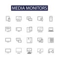 Media monitors line vector icons and signs. Monitors, Broadcasting, Trackers, Watchers, Analysts, Observers, Scanners