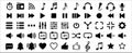 Media music player button icons. Multimedia player buttons set. Contains icon of equalizer, pause, setting, record, favorite, Royalty Free Stock Photo