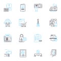 Media planning linear icons set. Strategy, Budget, Targeting, Research, Advertising, Demographics, Channels line vector