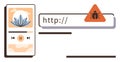 Media player interface and malware warning triangle on web address bar emphasizing online security Royalty Free Stock Photo