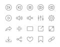 Media player simple flat line icons set. Play button, expand, full screen, download, sound, bookmark vector