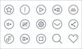 media players line icons. linear set. quality vector line set such as like, stop, playlist, search, next, mute, collapse, previous