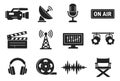 Media production icon set featuring a camera, microphone, and clapperboard for film and broadcasting Royalty Free Stock Photo