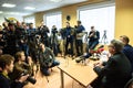 Media representatives and cameras at press conference in KNAB Royalty Free Stock Photo