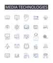 Media technologies line icons collection. Digital devices, Information systems, Communication tools, Computer programs