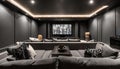 Media theatre room with dark walls grey sofa