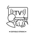 Media violence icon. Person watching tv and striking fist simple vector illustration