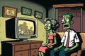 Media zombie concept. Zombies watching TV. Generative AI.