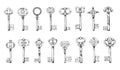 Mediaeval keys. Hand drawn antique sketch elements. Retro door opener types. Lock access. Home privacy and secure. Old
