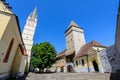 Medias, Romania, 14 July 2021: Old stone tower at the Saint Margaret evangelical church Biserica Evanghelica Sfanta Margareta in