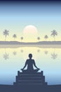 mediating person silhouette on a bridge by lake tropical palm landscape