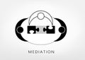 Mediator and two persons add up puzzle pieces on light grey background, top view, vector illustration, horizontal