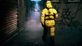 A medic in a bacteriological protection suit returns home. Man in yellow protective suits and gas masks. 3D Rendering. Royalty Free Stock Photo