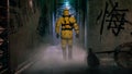 A medic in a bacteriological protection suit returns home. Man in yellow protective suits and gas masks. 3D Rendering. Royalty Free Stock Photo