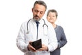 Medic checking wallet with patient looking Royalty Free Stock Photo