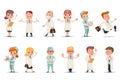 Medic different positions emotions actions doctor characters icons set retro cartoon design vector illustration Royalty Free Stock Photo