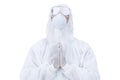 Medic man wearing protective clothing against the virus is pray on white background