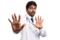 Medic palms to camera as stay there sign Royalty Free Stock Photo