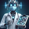 Medic robot. A futuristic robot in a lab coat with a stethoscope and digital clipboard poses as a medical professional Royalty Free Stock Photo