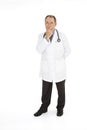 Caucasian doctor with a receding hairline wearing a white lab coat