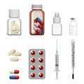 Medical accessories medicines jars tools realistic icons set vector illustration